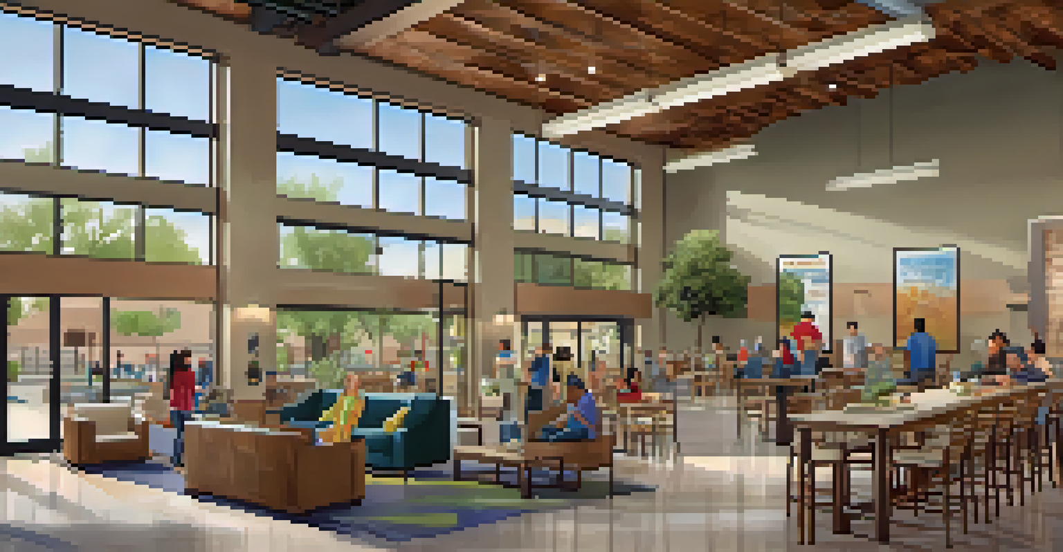 A bright and inviting community center with diverse individuals interacting and seeking resources.