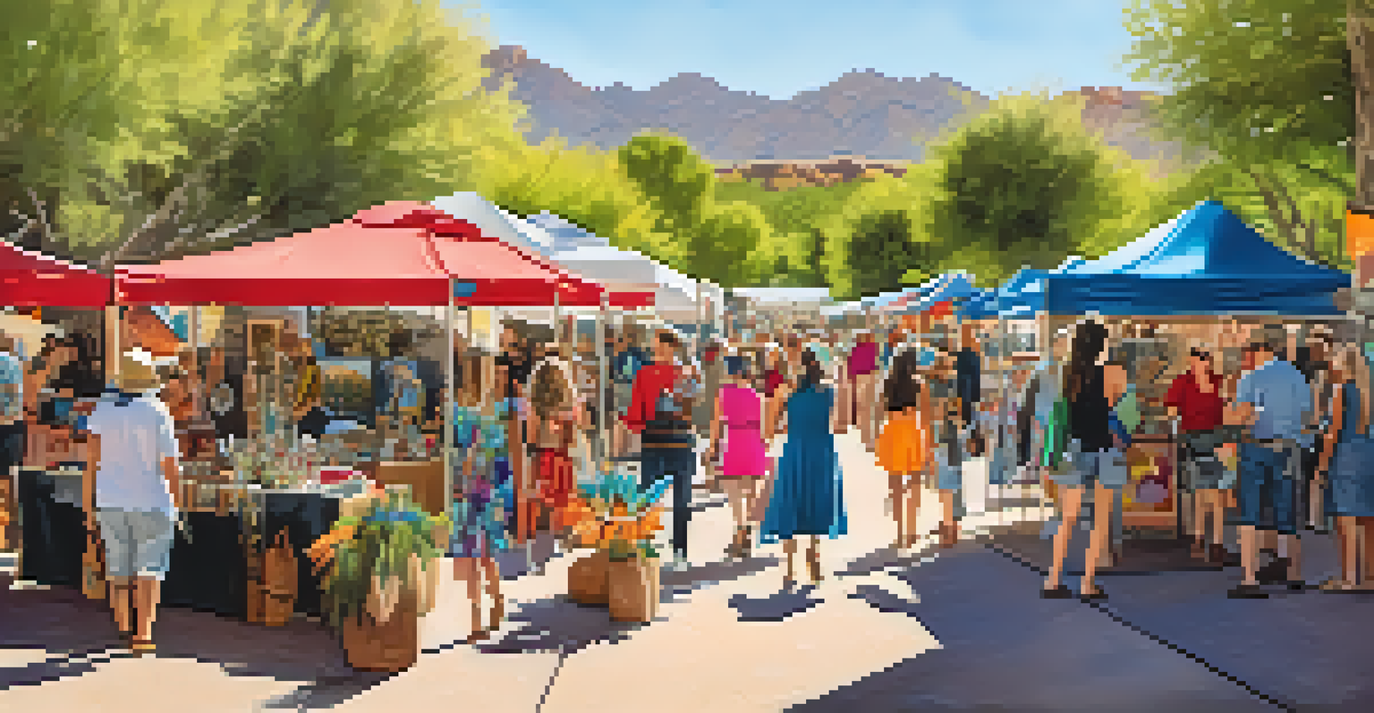 A bustling art fair in Scottsdale featuring artisans showcasing handcrafted jewelry, with colorful decorations and visitors interacting with the creators under sunny trees.