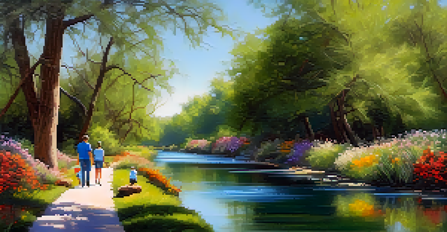 A family walking along the Arizona Canal Path surrounded by trees and flowers, with ducks swimming in the background.