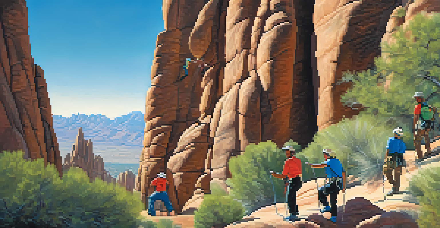 A guided climbing group at Pinnacle Peak Park, with climbers on granite spires under a clear blue sky.