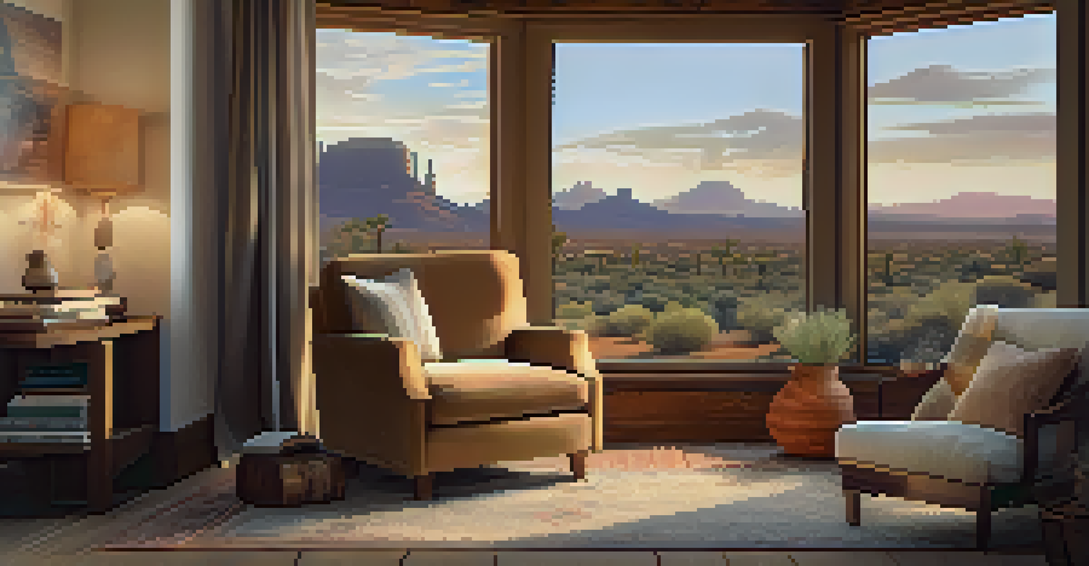 A cozy reading nook with an armchair, books, and a cup of tea, featuring a view of the desert outside.