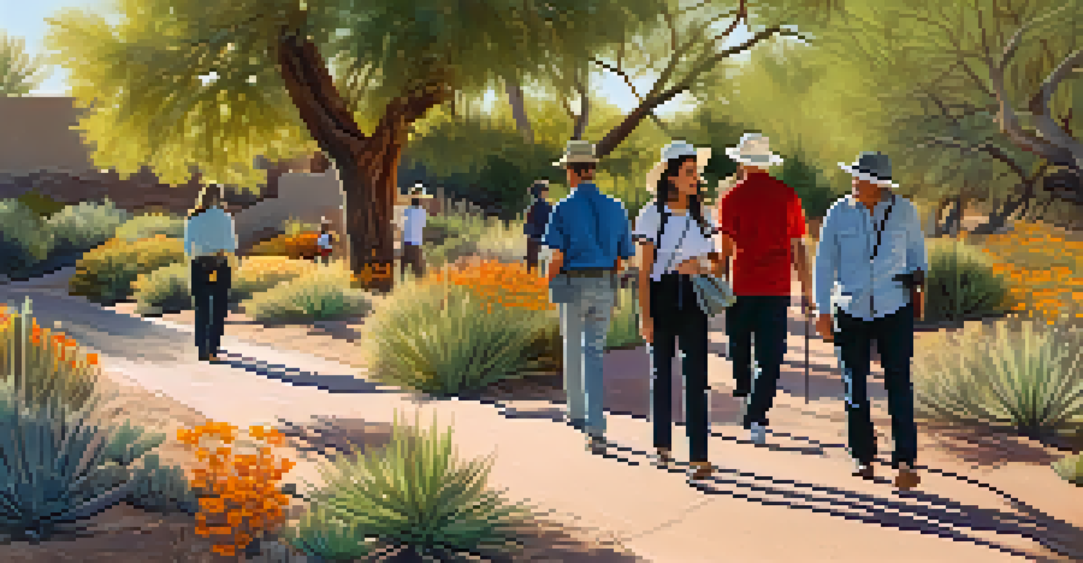 A diverse group of people on a walking tour exploring historic landmarks in Scottsdale, surrounded by native plants and a warm afternoon sun.