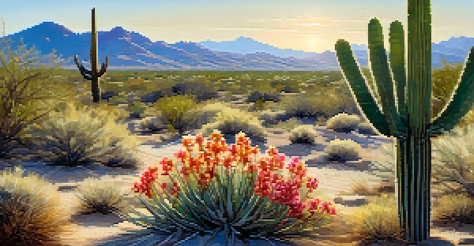 A peaceful desert scene featuring colorful wildflowers and cacti with mountains in the background, bathed in warm sunlight.