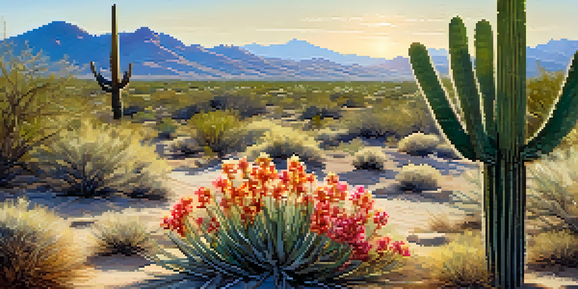 A peaceful desert scene featuring colorful wildflowers and cacti with mountains in the background, bathed in warm sunlight.
