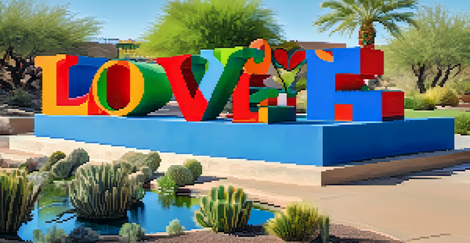 A colorful 'Love' sculpture amidst desert plants and the Arizona Canal under a clear blue sky.