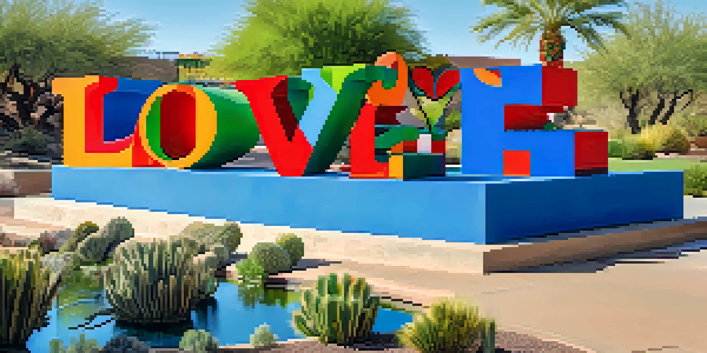 A colorful 'Love' sculpture amidst desert plants and the Arizona Canal under a clear blue sky.