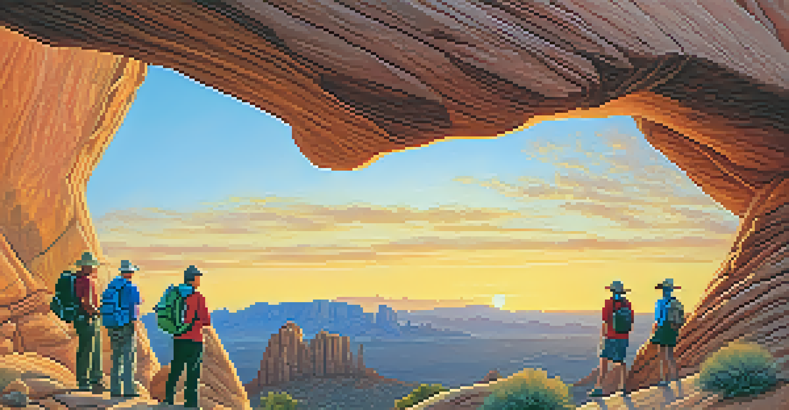 A striking rock formation called Tom's Thumb with hikers admiring the view in a desert landscape.