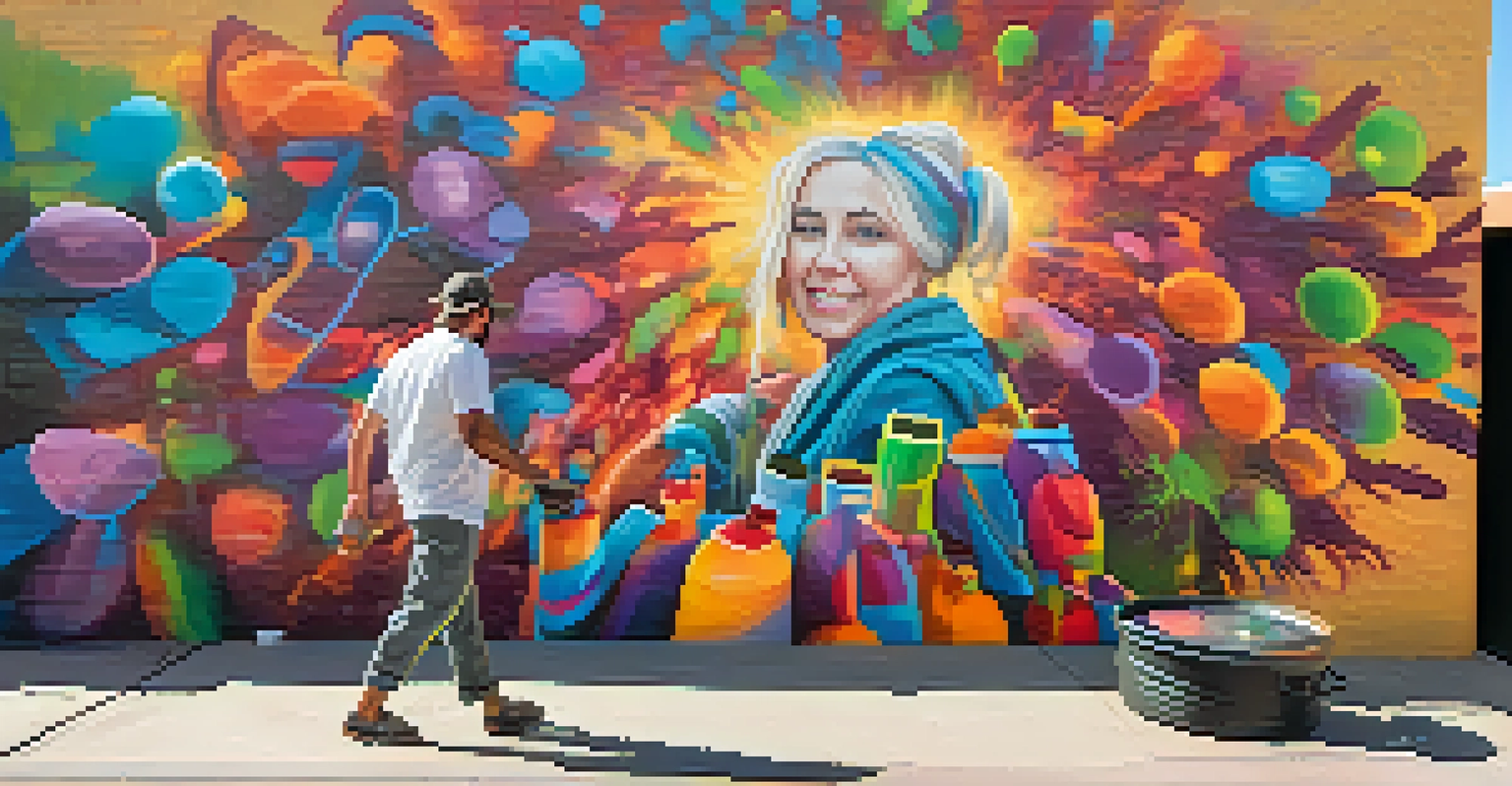A local artist painting a mural in Scottsdale, surrounded by colorful spray paint cans.