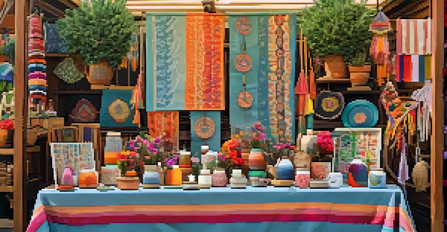 A craft fair booth displaying an array of handmade crafts, including textiles and ceramics, with warm sunlight illuminating the vibrant colors.