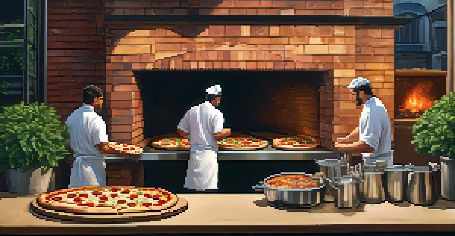 An artisanal pizza with fresh toppings being pulled from a wood-fired oven in a cozy restaurant.