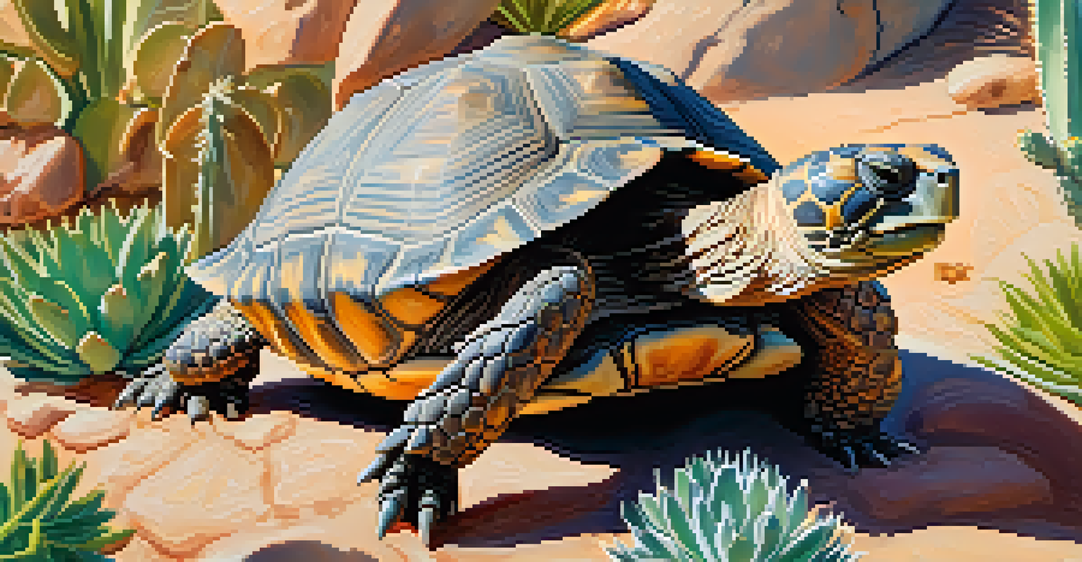 A close-up of a desert tortoise on a rocky surface, surrounded by native desert plants under soft sunlight.