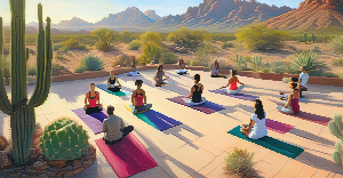 A diverse group of individuals practicing yoga on a colorful mat in a sunlit desert landscape with Camelback Mountain in the background.