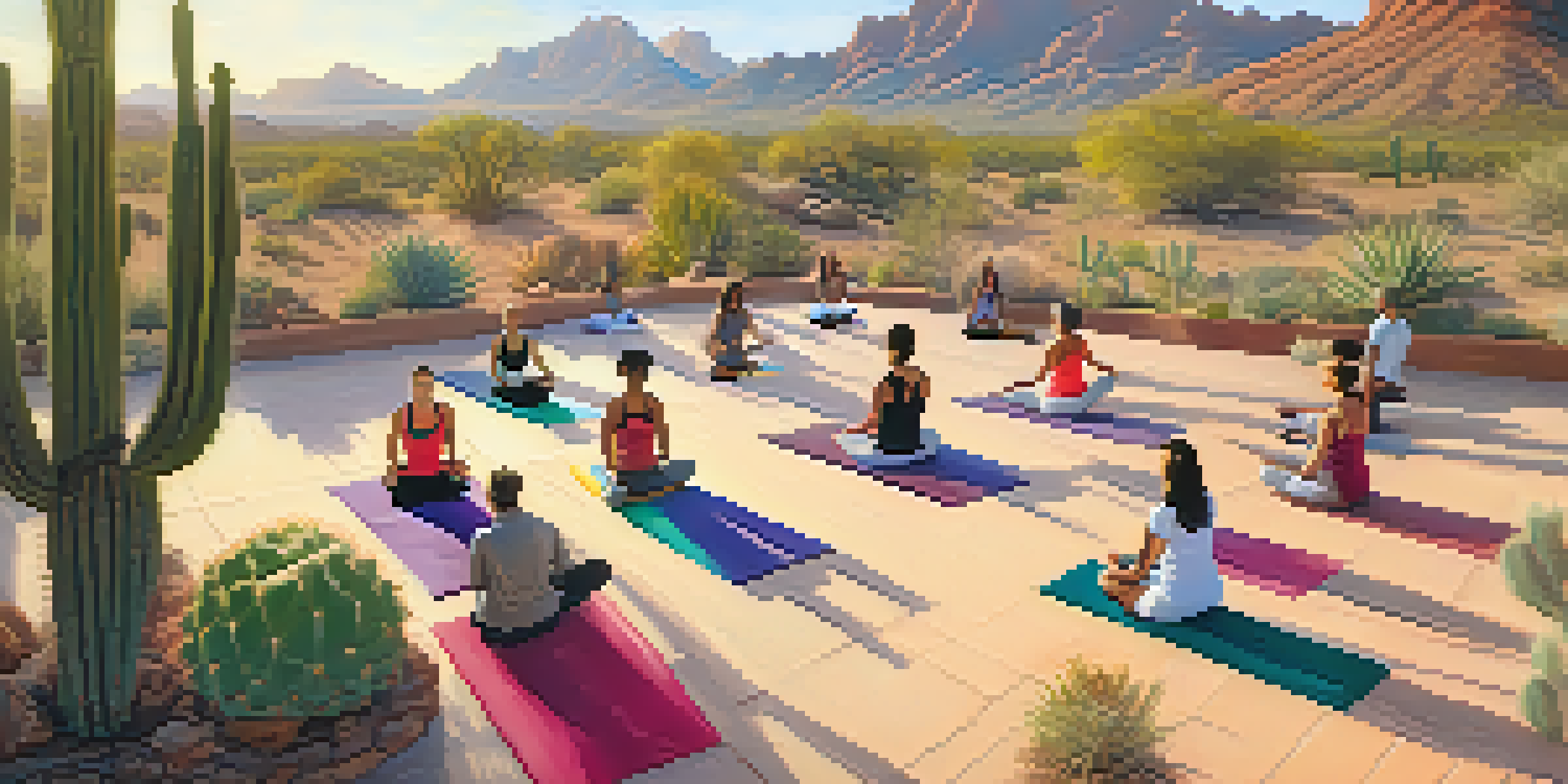 A diverse group of individuals practicing yoga on a colorful mat in a sunlit desert landscape with Camelback Mountain in the background.