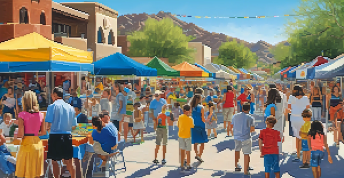 A lively community event with colorful booths, residents interacting, and children playing in a sunny park.