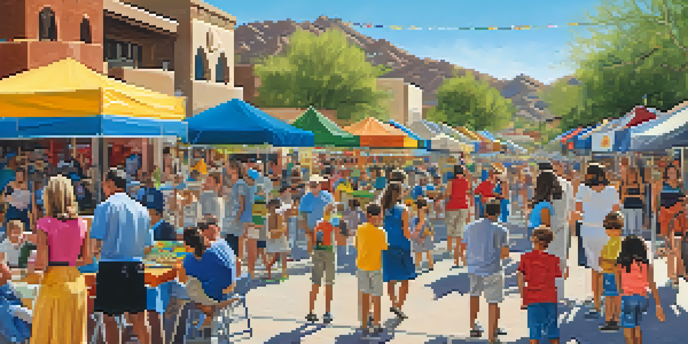 A lively community event with colorful booths, residents interacting, and children playing in a sunny park.