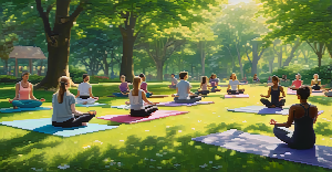 A peaceful outdoor mindfulness class with people meditating on yoga mats in a sunny park surrounded by greenery and flowers.