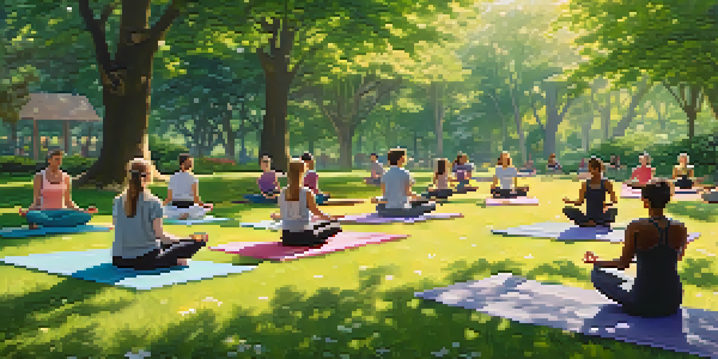 A peaceful outdoor mindfulness class with people meditating on yoga mats in a sunny park surrounded by greenery and flowers.