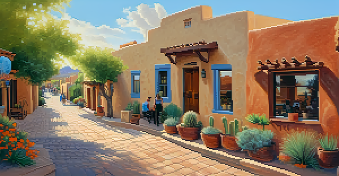 A sunny street view of Scottsdale's Old Town with historic adobe buildings, colorful murals, and blooming desert plants, featuring people walking and conversing.