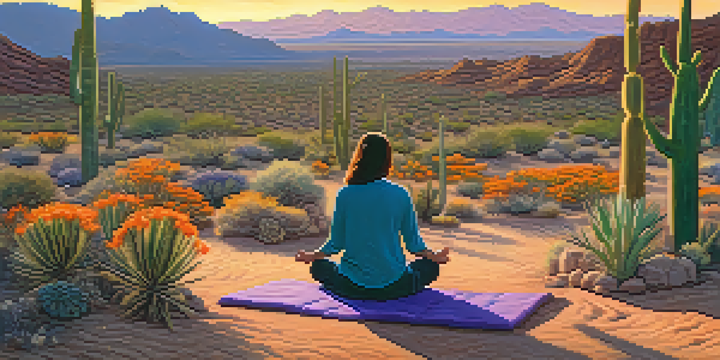 A person meditating in the Sonoran Desert at sunset, surrounded by cacti and desert flowers.