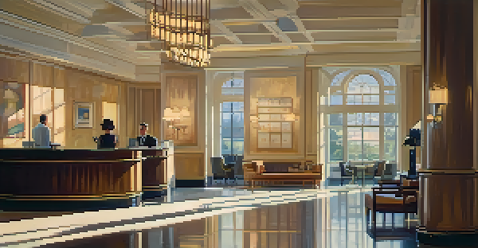 A warm-lit vintage hotel lobby featuring mid-century furniture and a chandelier, with a ghostly figure in white near the reception.