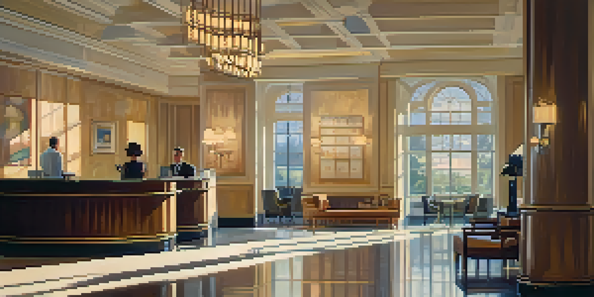 A warm-lit vintage hotel lobby featuring mid-century furniture and a chandelier, with a ghostly figure in white near the reception.