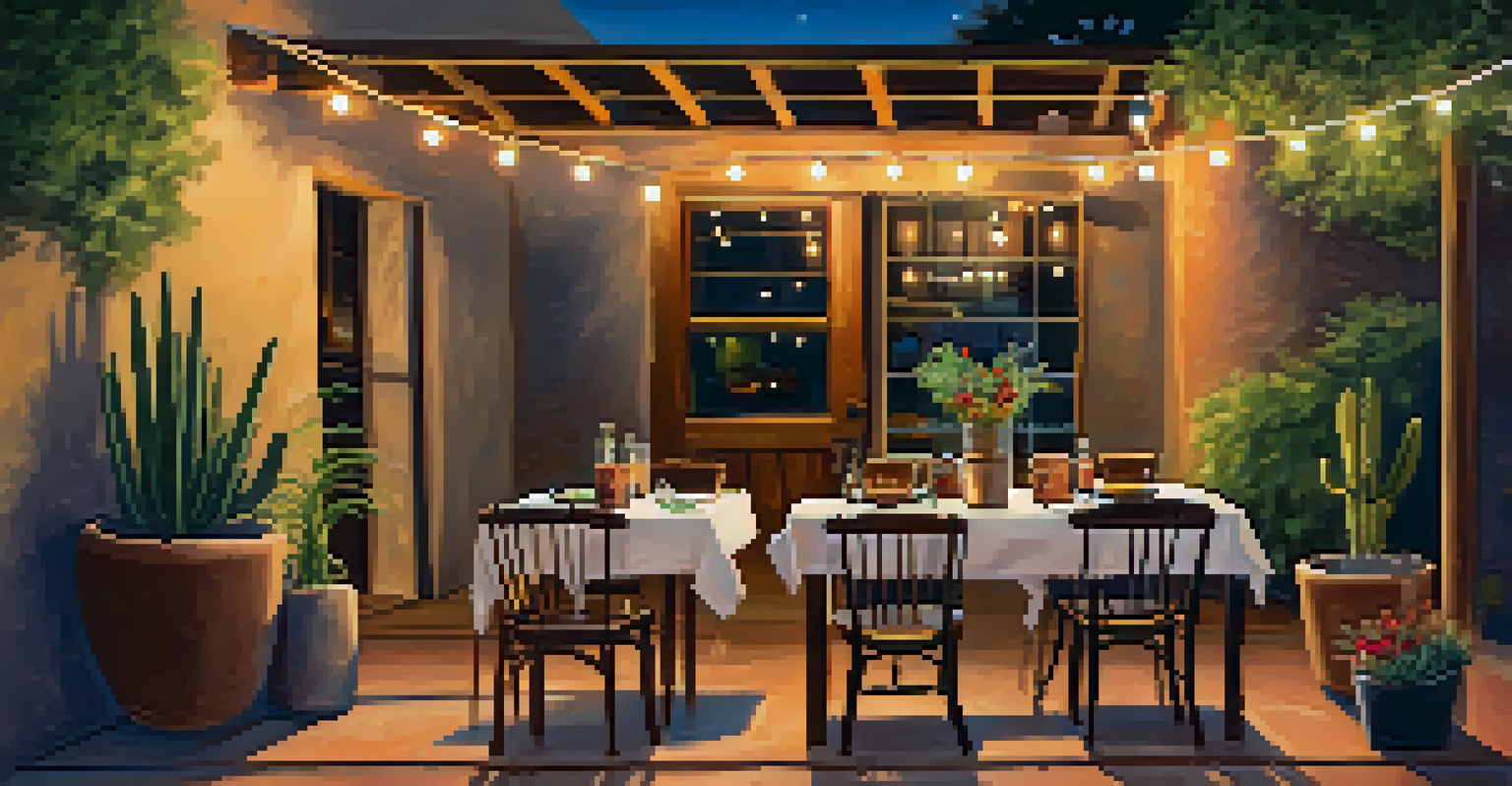 A cozy outdoor dining arrangement showcasing traditional Southwestern dishes on a wooden table, surrounded by plants and string lights.