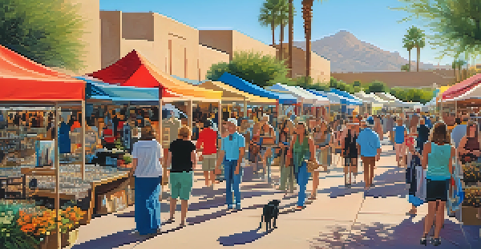 An outdoor art fair in Scottsdale with colorful tents displaying local artisan products and shoppers interacting with artists in a sunny environment.