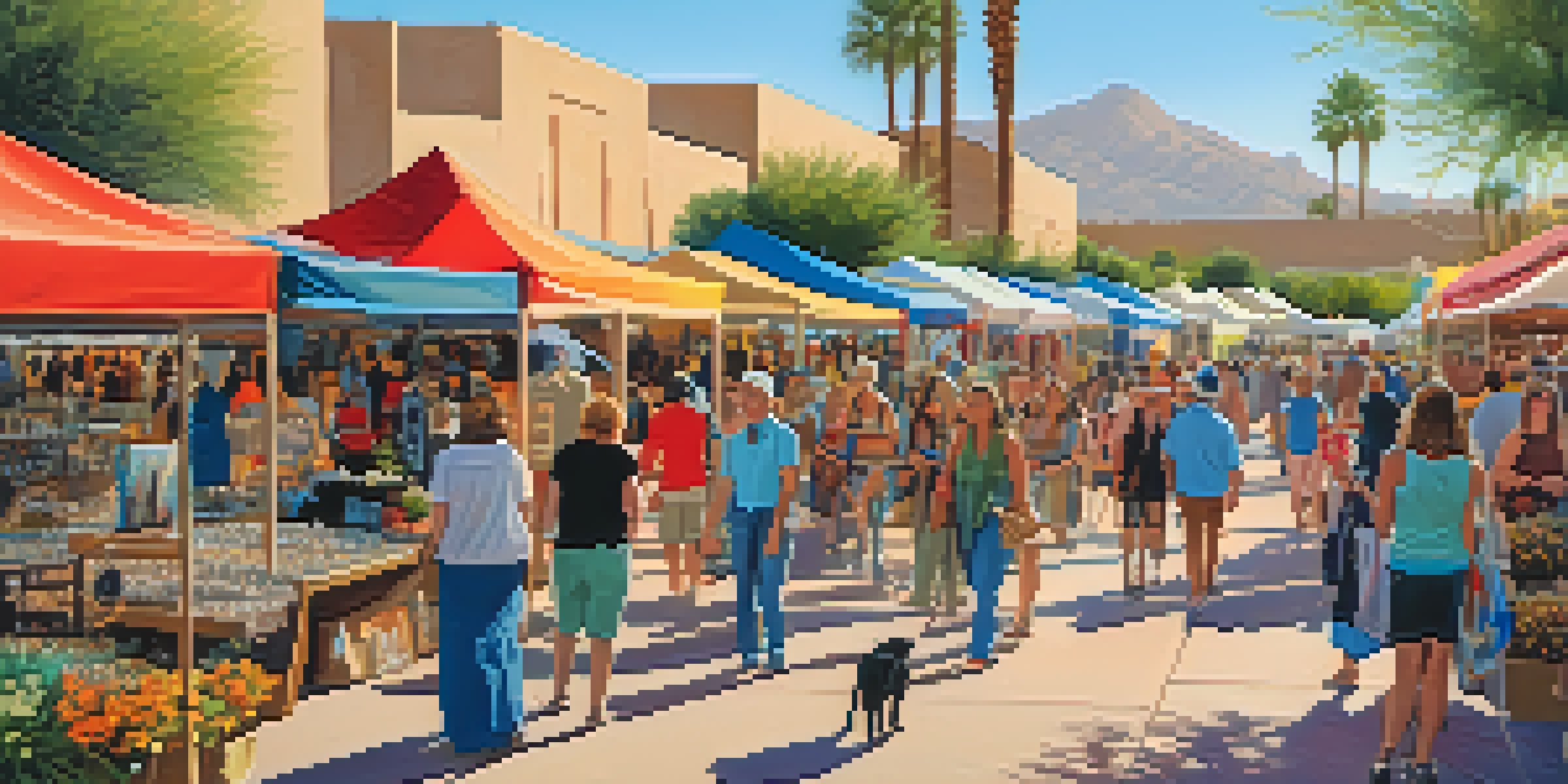 An outdoor art fair in Scottsdale with colorful tents displaying local artisan products and shoppers interacting with artists in a sunny environment.