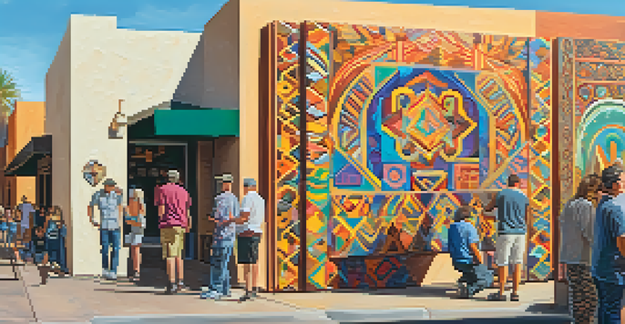 A colorful street mural in Scottsdale's Art District with artists painting, surrounded by people admiring the artwork.