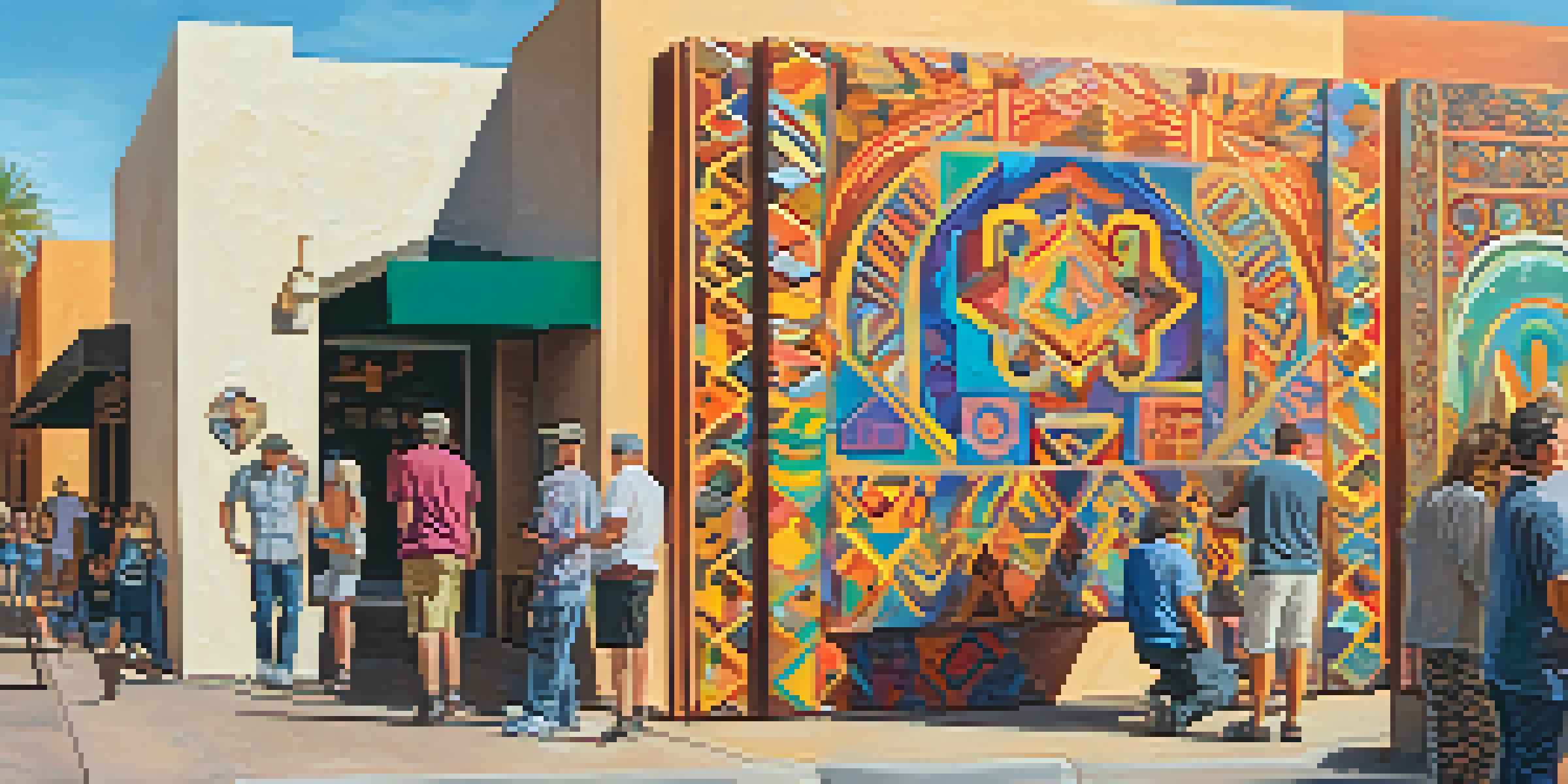 A colorful street mural in Scottsdale's Art District with artists painting, surrounded by people admiring the artwork.