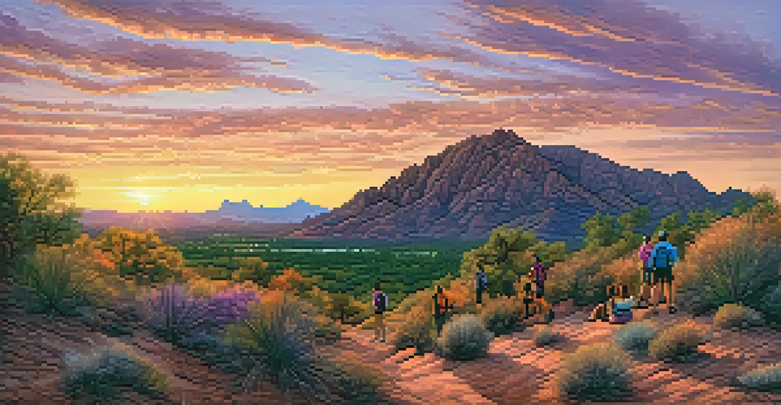 Camelback Mountain at sunset with hikers in the foreground, showcasing vibrant colors in the sky.