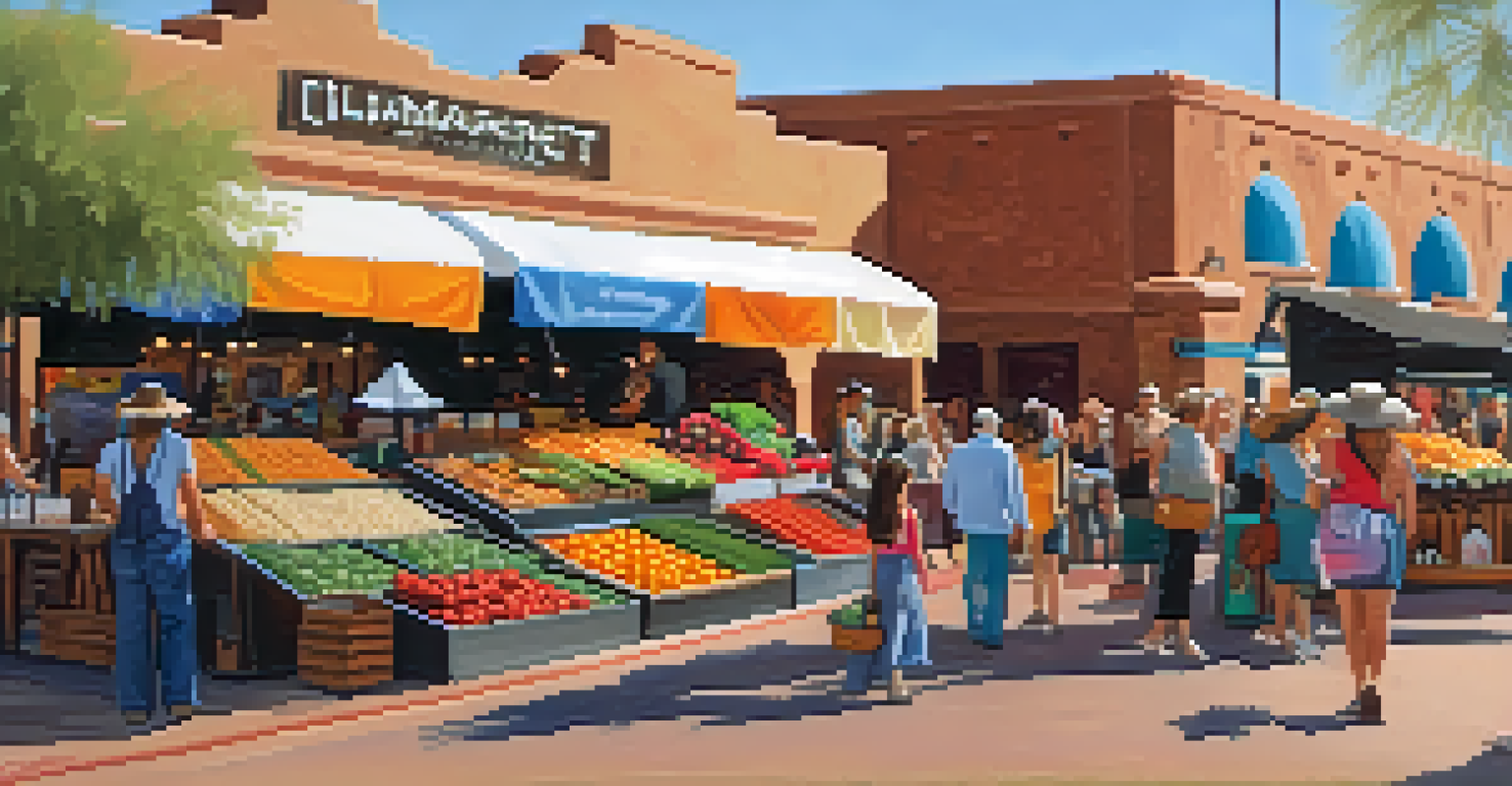 A bustling market scene in Old Town Scottsdale showcasing handmade crafts and local art, with shoppers and vibrant decorations.