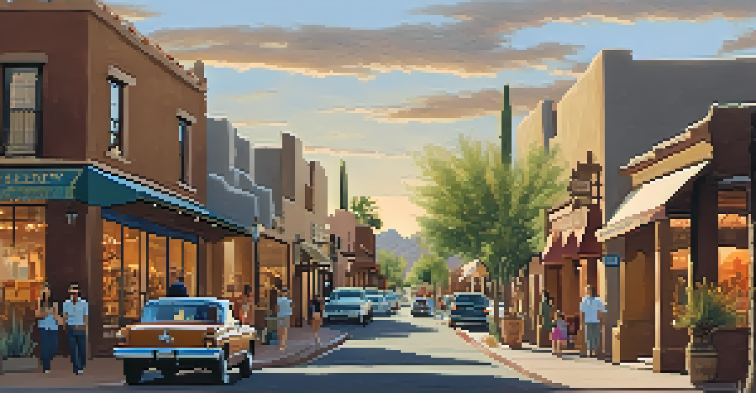 A historic street with adobe buildings and local shops, filled with visitors on a sunny day.