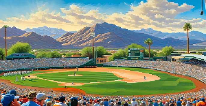 A sunny day at Scottsdale Stadium with fans in colorful jerseys, lush green field, players warming up, and blue skies.