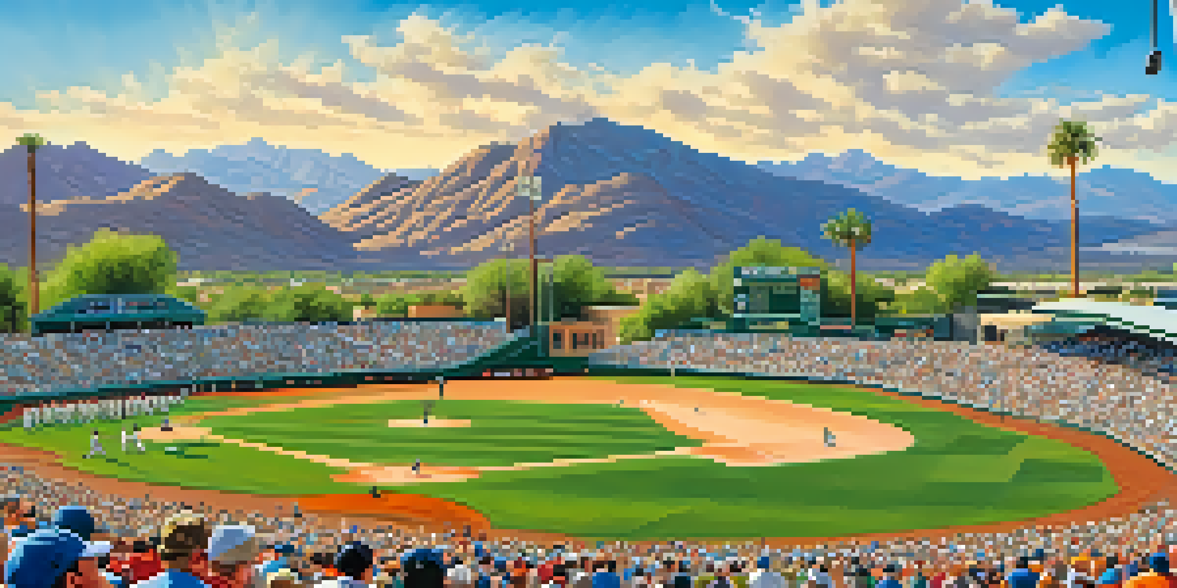 A sunny day at Scottsdale Stadium with fans in colorful jerseys, lush green field, players warming up, and blue skies.