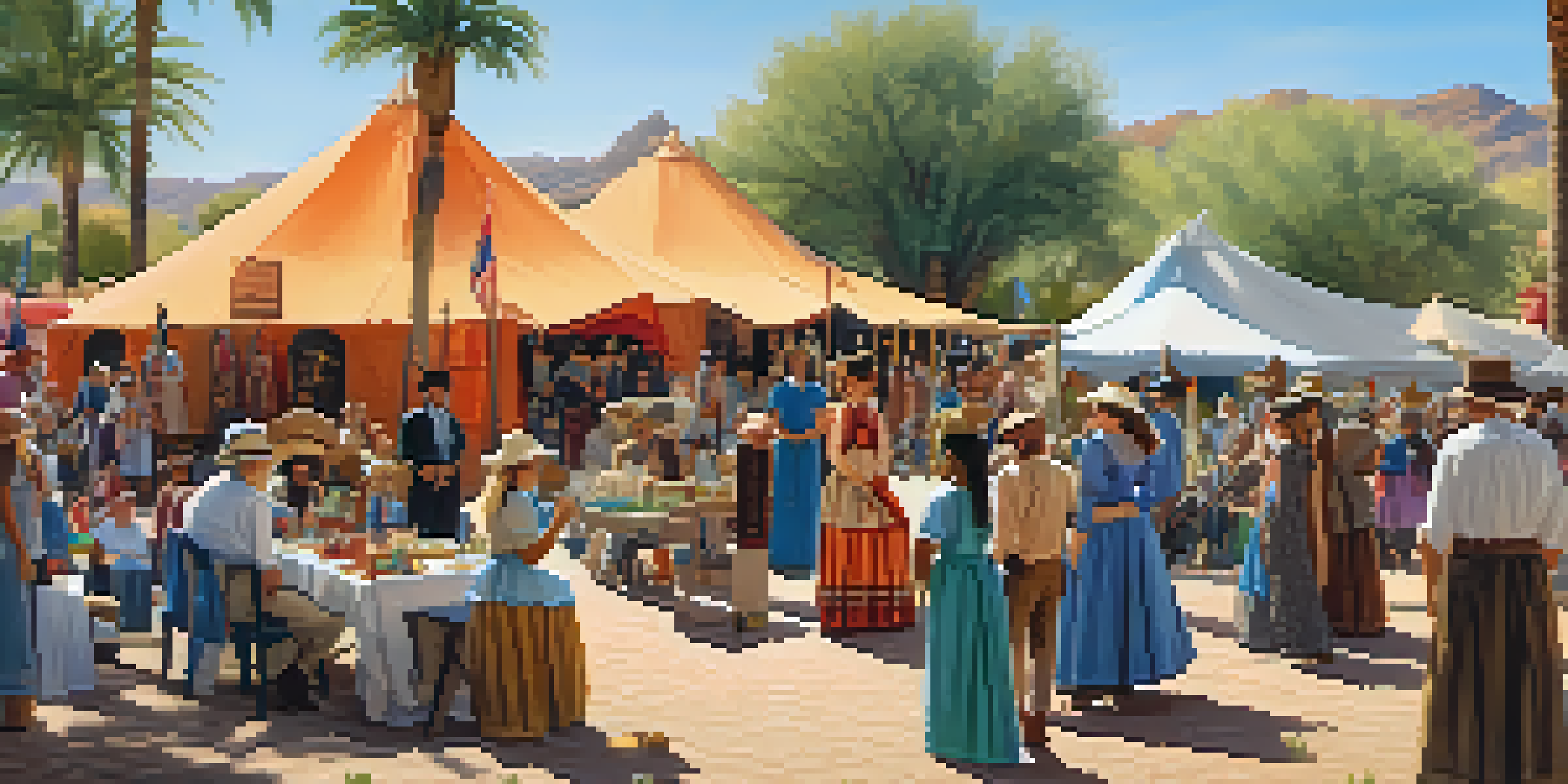 A lively community event at a historical society with diverse people engaging in storytelling, colorful tents, historical artifacts, and volunteers in period costumes under a sunny sky.
