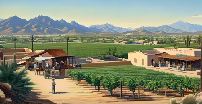 A historic view of Scottsdale featuring adobe buildings, citrus orchards, and farmers working under a clear sky.