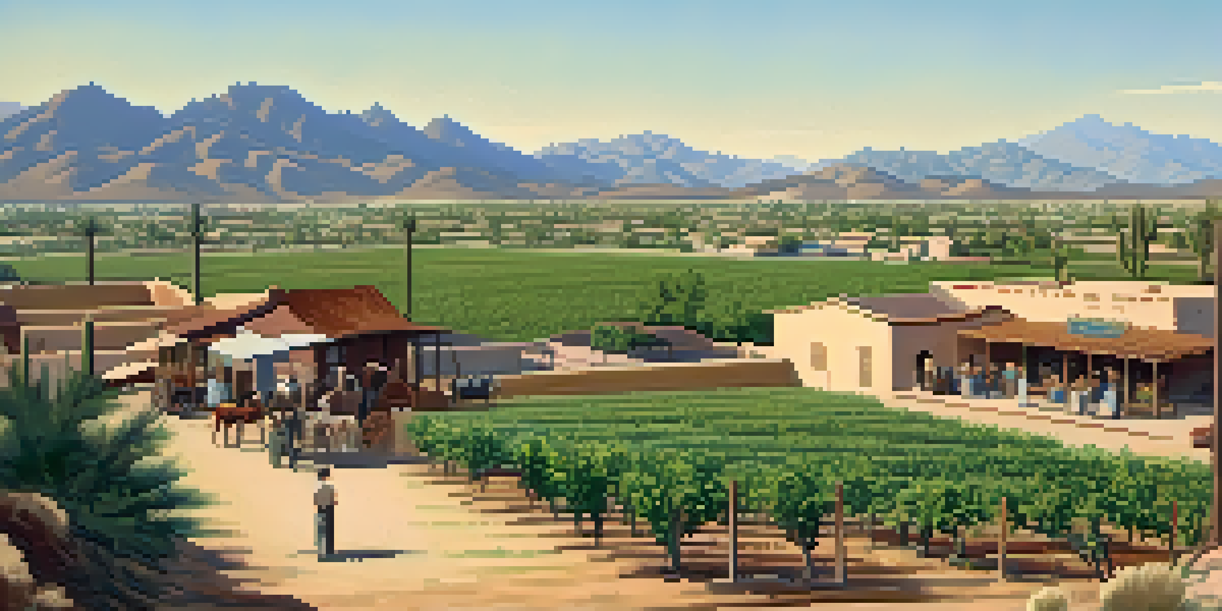 A historic view of Scottsdale featuring adobe buildings, citrus orchards, and farmers working under a clear sky.