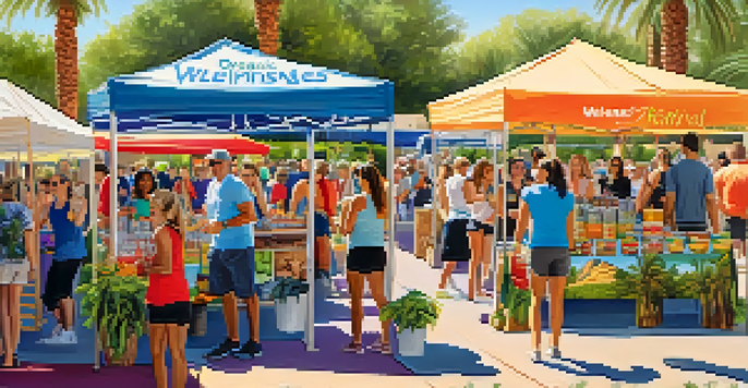 A lively outdoor health and wellness festival with colorful booths, attendees enjoying organic snacks, and yoga demonstrations under sunny palm trees.