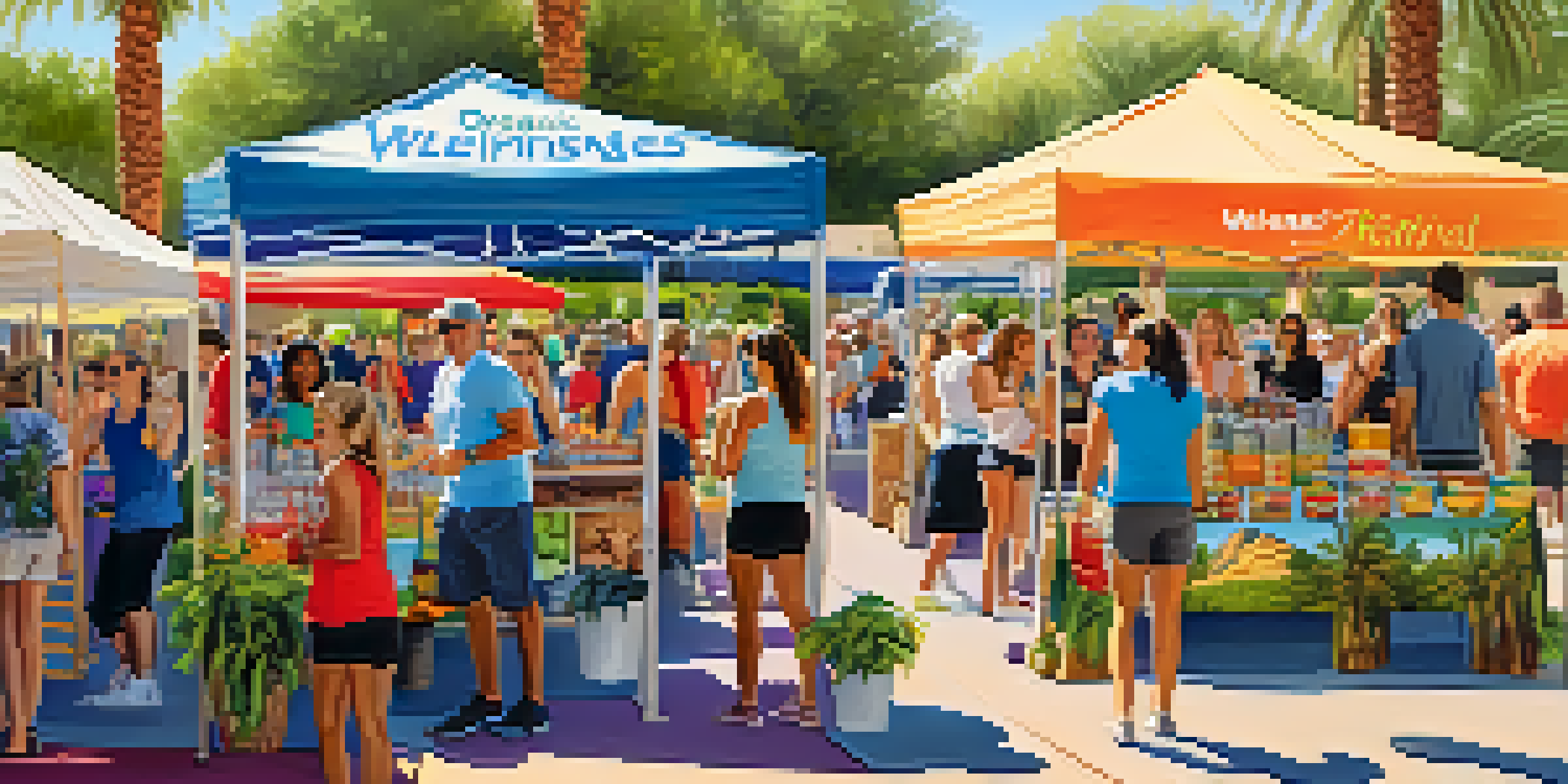 A lively outdoor health and wellness festival with colorful booths, attendees enjoying organic snacks, and yoga demonstrations under sunny palm trees.