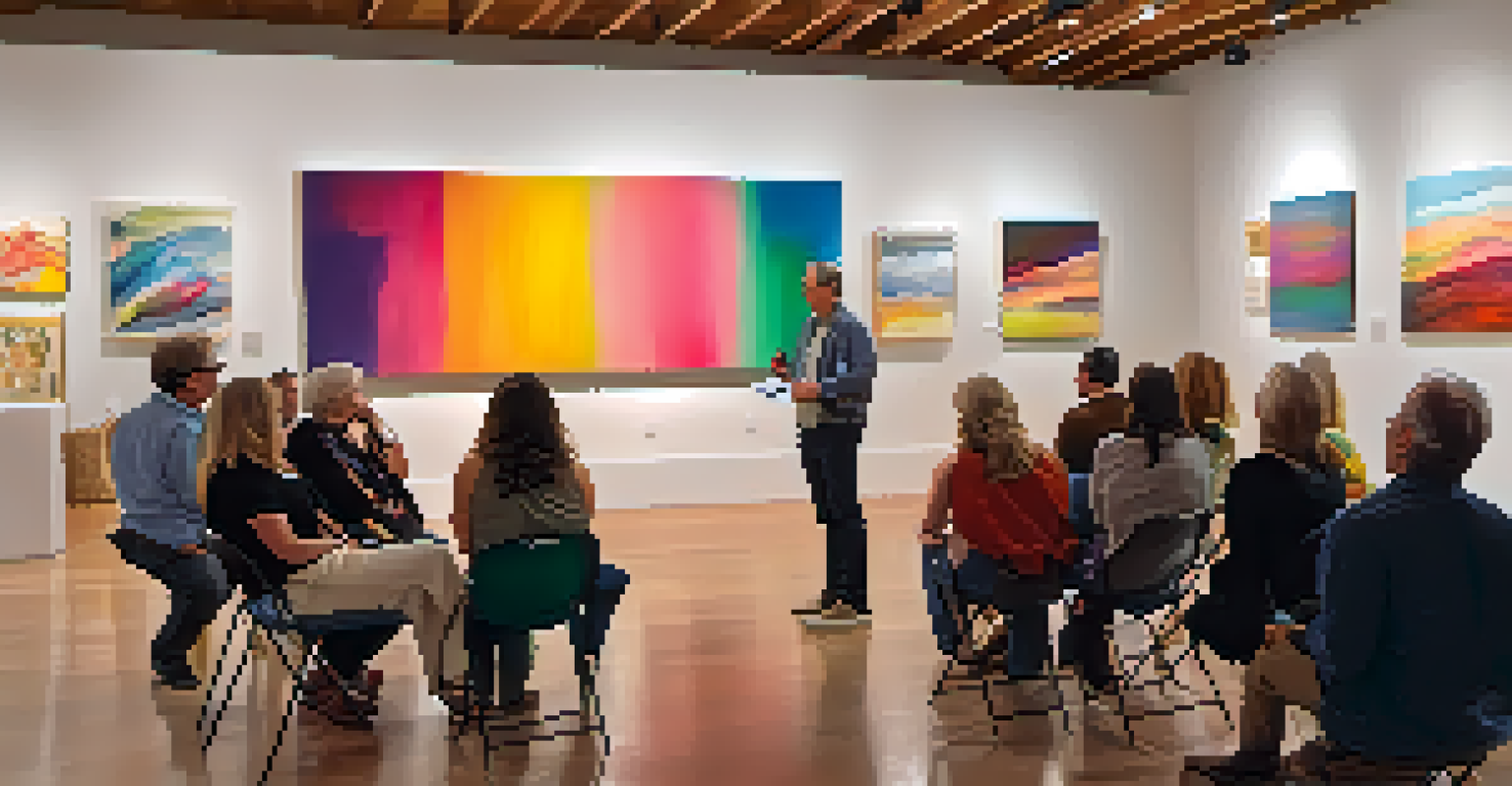 An artist giving a talk inside a gallery, surrounded by colorful artworks, while an engaged audience listens attentively.
