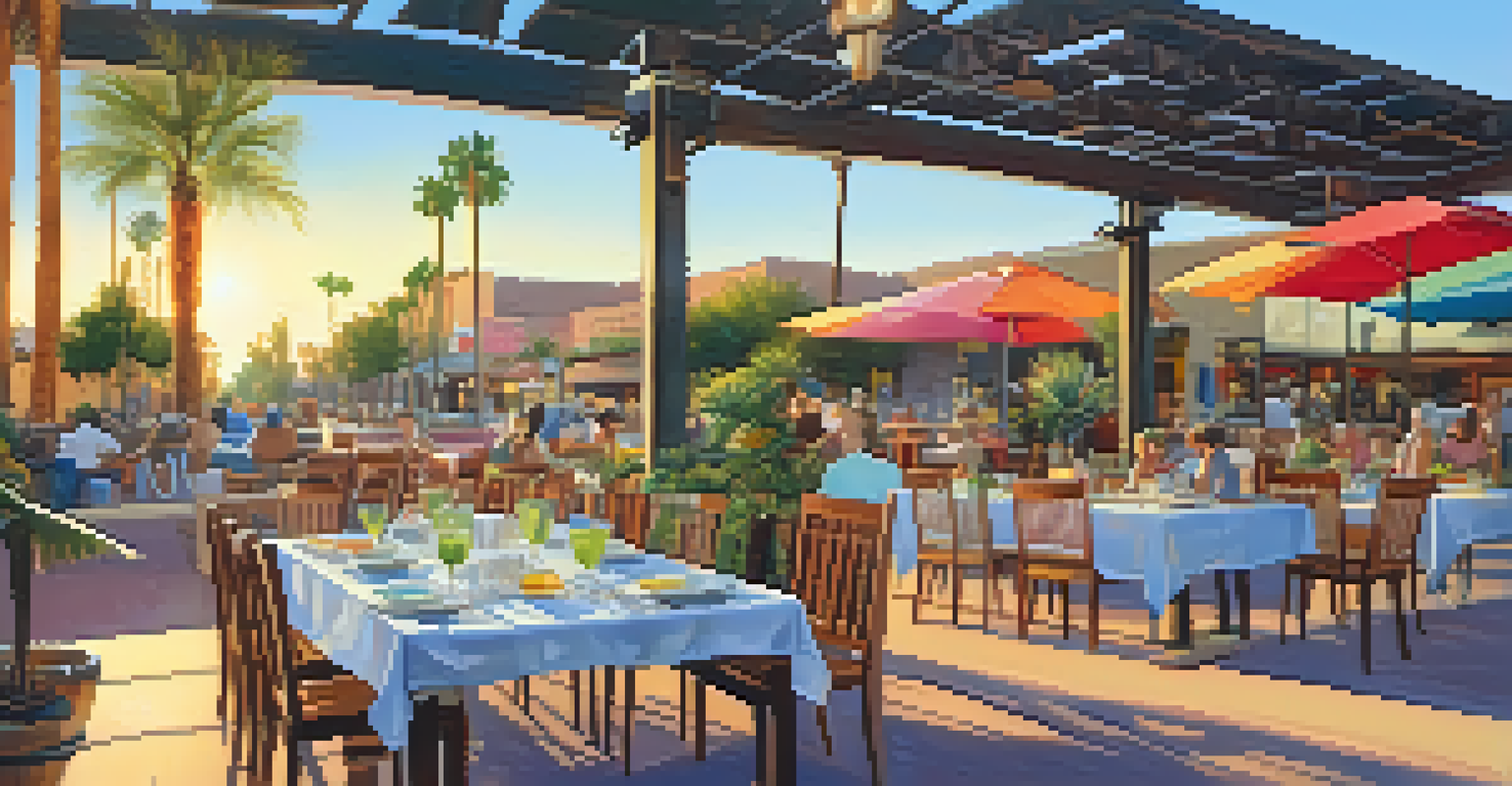 A picturesque outdoor dining setup with colorful food and drinks, surrounded by art installations and palm trees.