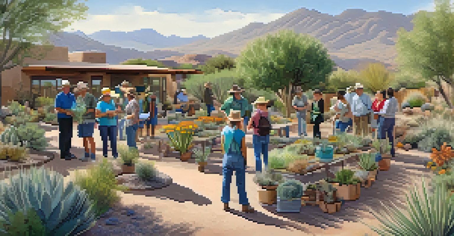 A group of people attending a workshop on xeriscaping in a community garden with desert views.