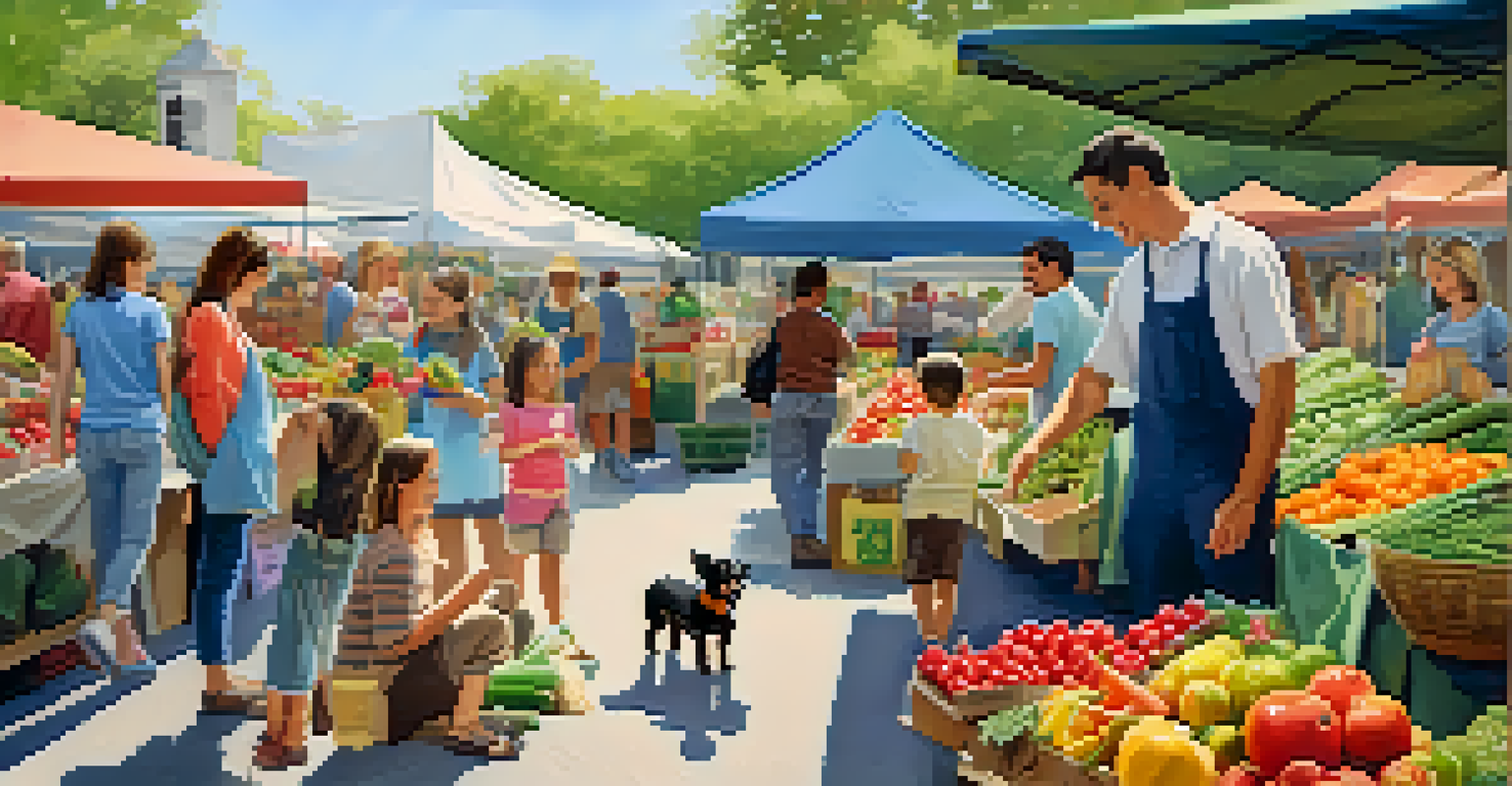 A family enjoying their time at a farmers market, children selecting fruits, and a farmer interacting with the parents, with a dog sitting nearby.