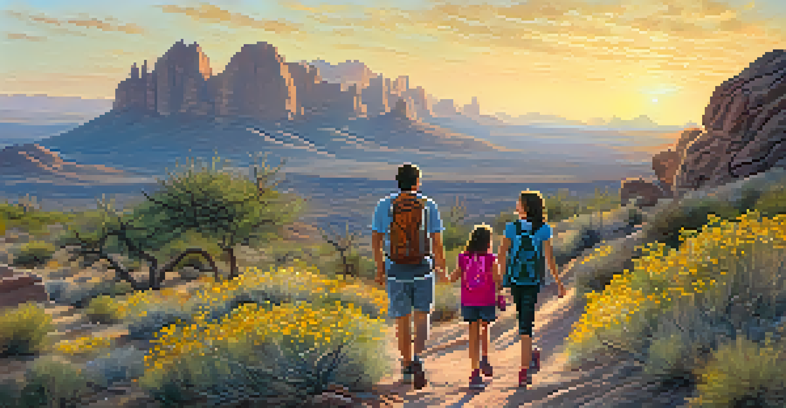 A family enjoying a hike in Pinnacle Peak Park amidst wildflowers and rock formations.