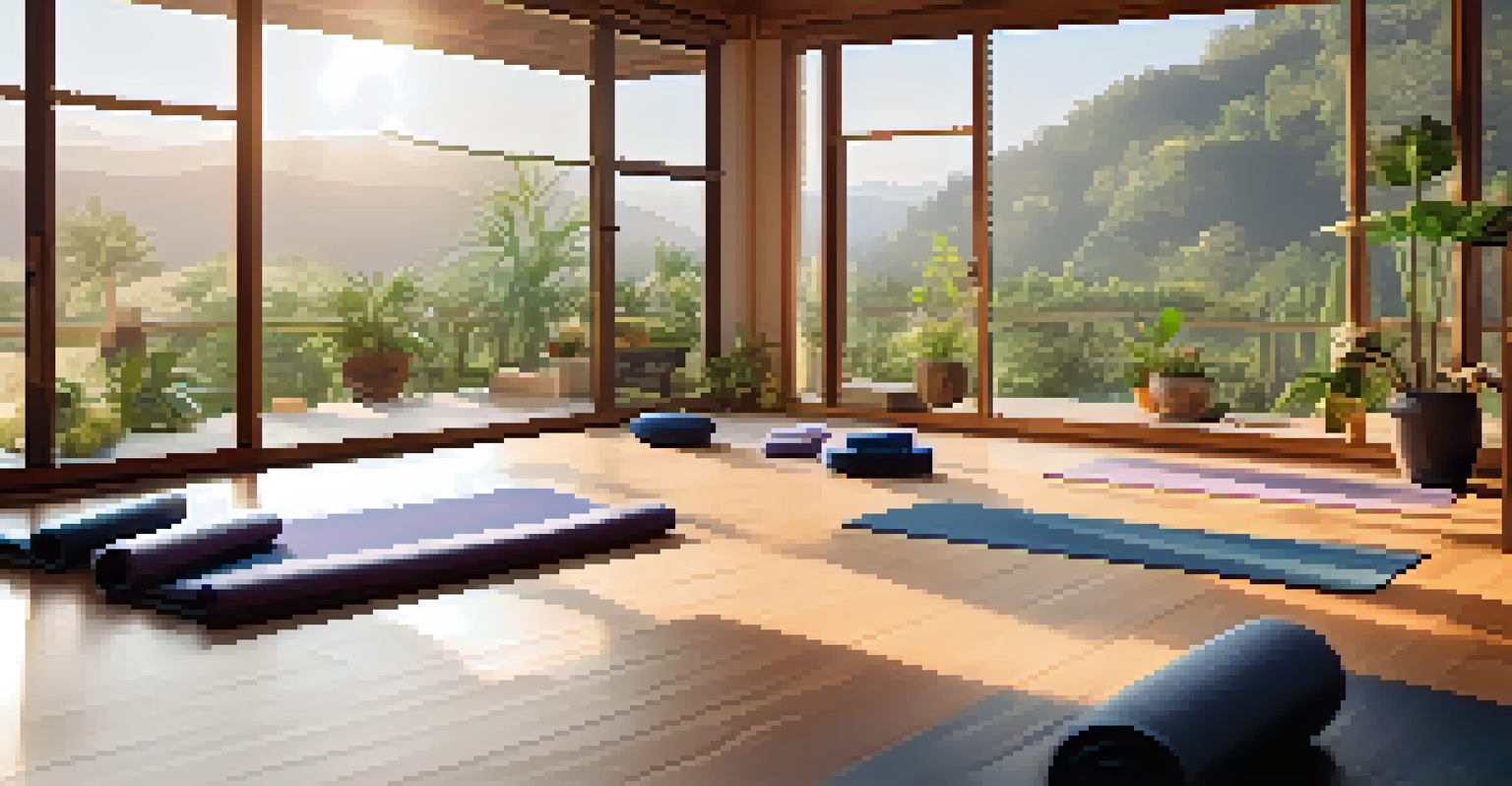 A calming yoga studio with large windows, plants, and sunlight streaming in, featuring a yoga mat and props like blocks and straps neatly arranged.