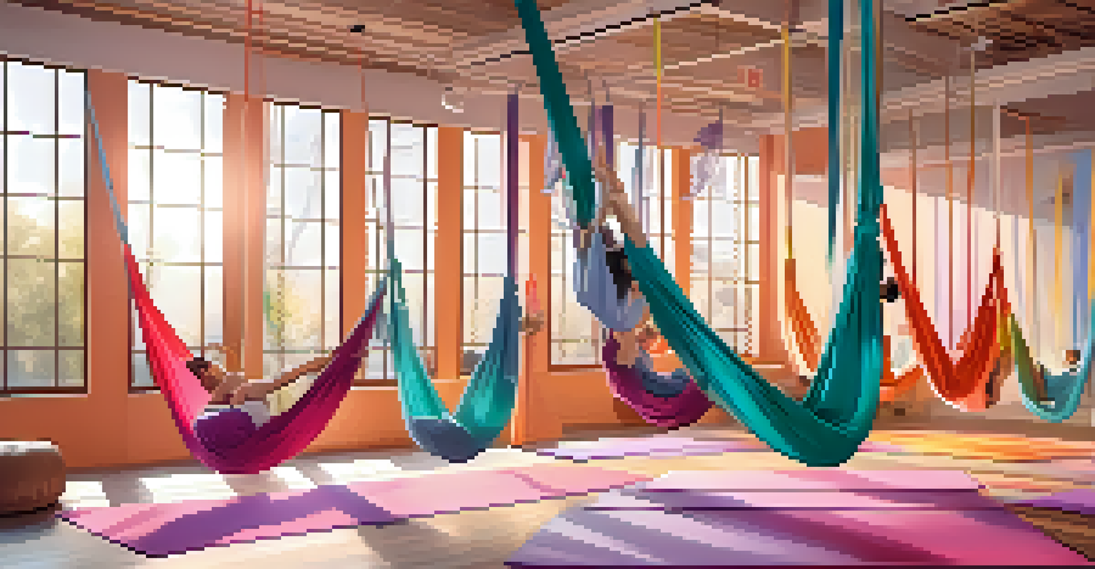 Aerial yoga class in a spacious studio with participants suspended in colorful hammocks, showcasing a fun and dynamic yoga experience.