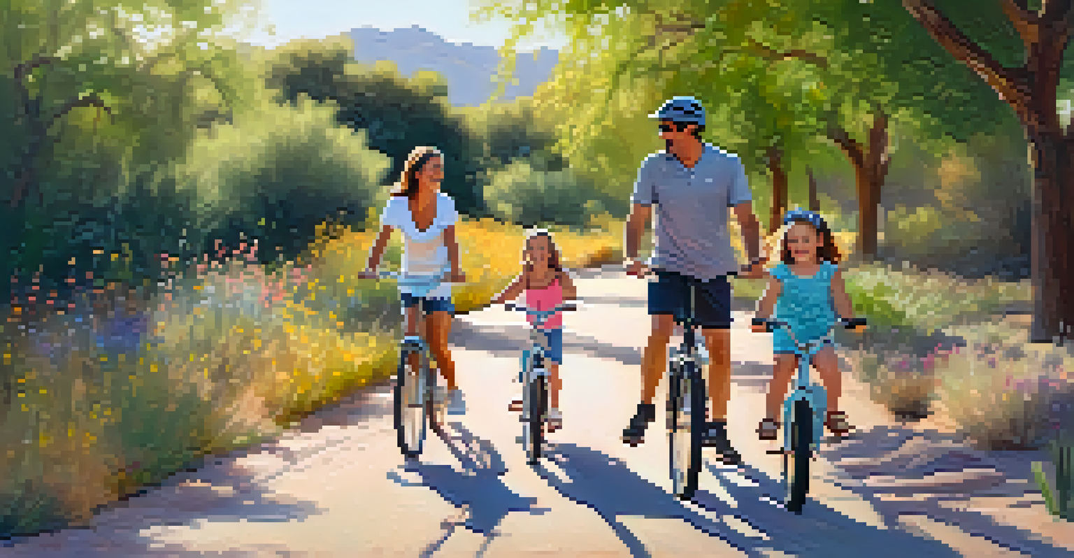 A family biking together on a greenbelt path in Scottsdale, surrounded by trees and flowers, enjoying a sunny day.