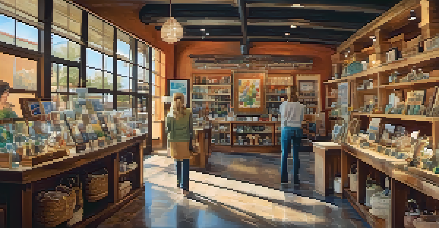 An inviting local shop showcasing handcrafted jewelry and artisan goods, with a friendly shopkeeper interacting with a customer.
