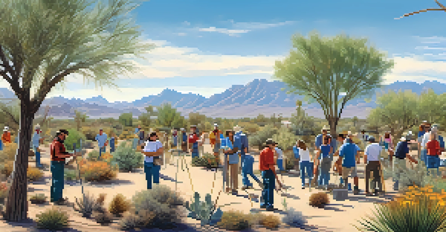 A community event where people are planting native plants in a desert environment.
